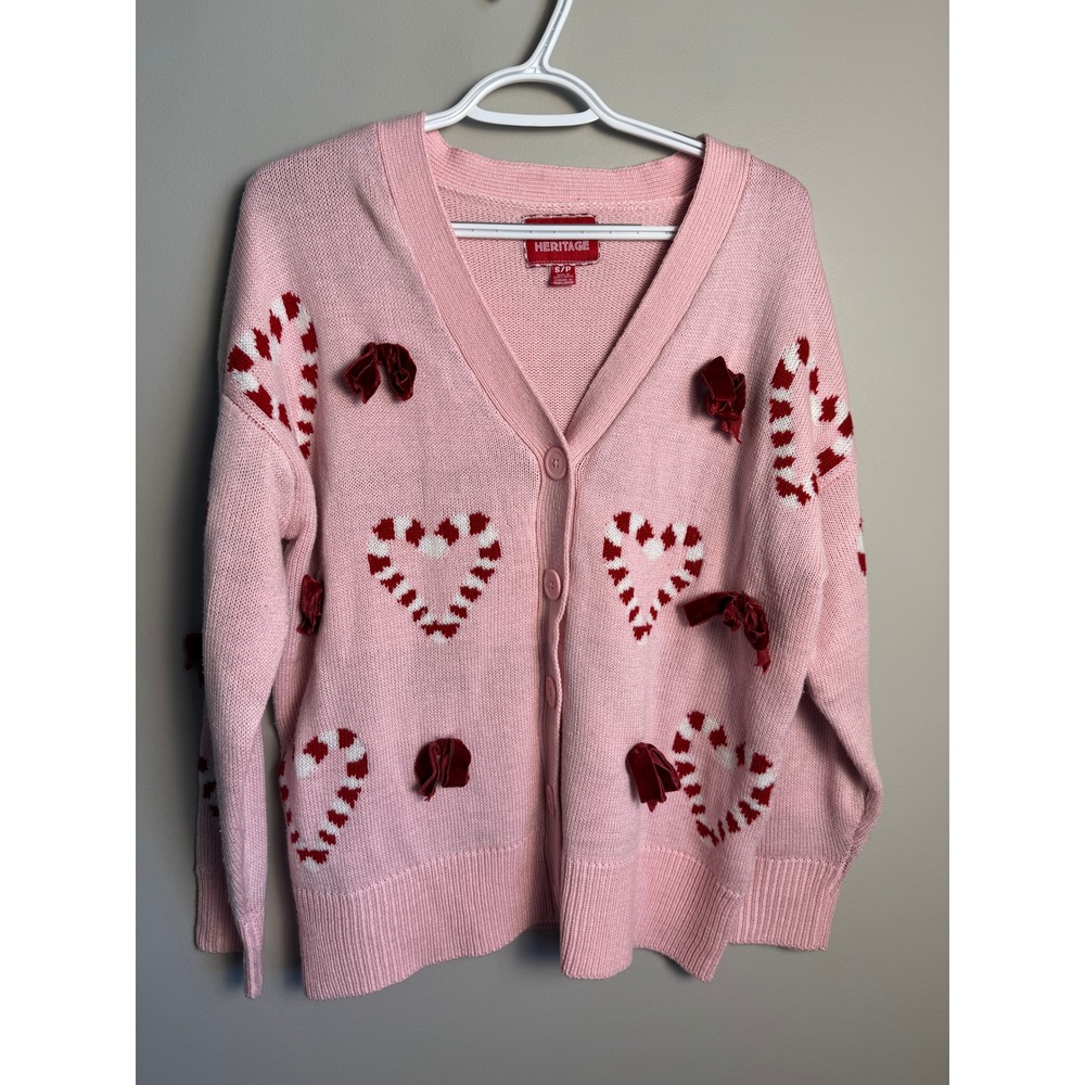Urban Heritage Womens Pink Heart Candy Cane Bow Cardigan Size S Coquette Holiday